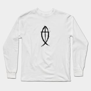 Cross And Fish Christian Design - Black Edition Long Sleeve T-Shirt